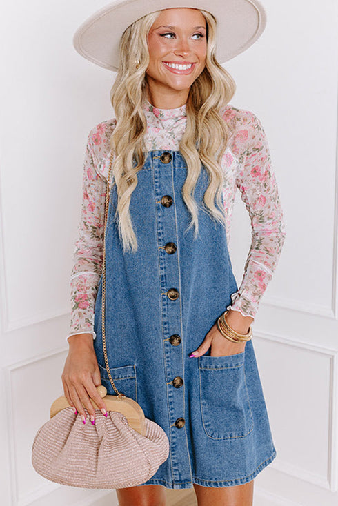 Wide Strap Button Front Pocketed Denim Mini Dress